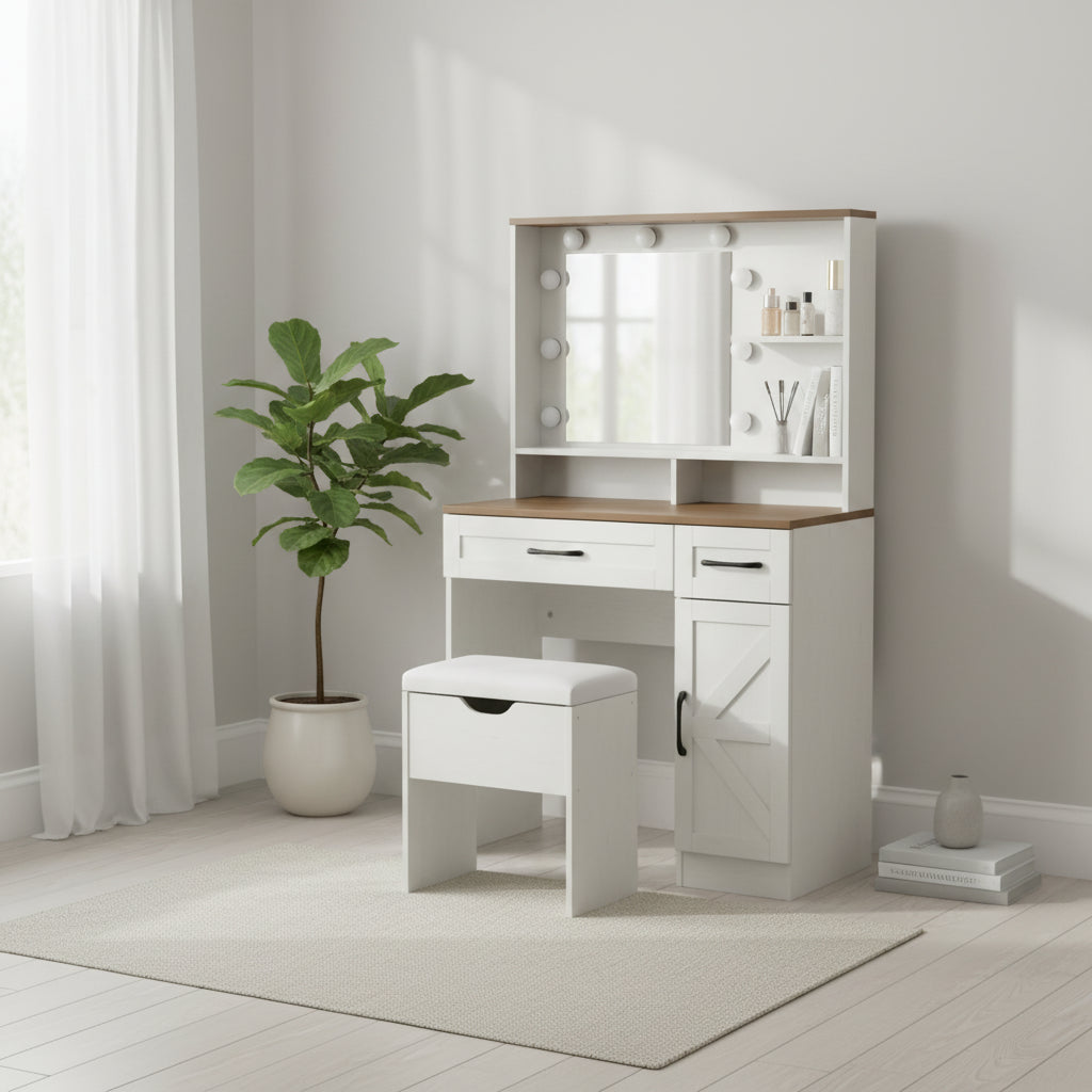 Bellemave Makeup Vanity Desk with Mirror and Lights,Dressing Table with Adjustable Shelves,2 Drawers and Side Cabinet for Bedroom, White