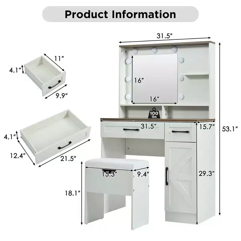 Coiffeuse de ferme blanche avec miroir lumineux, 1 personne, cadre en bois