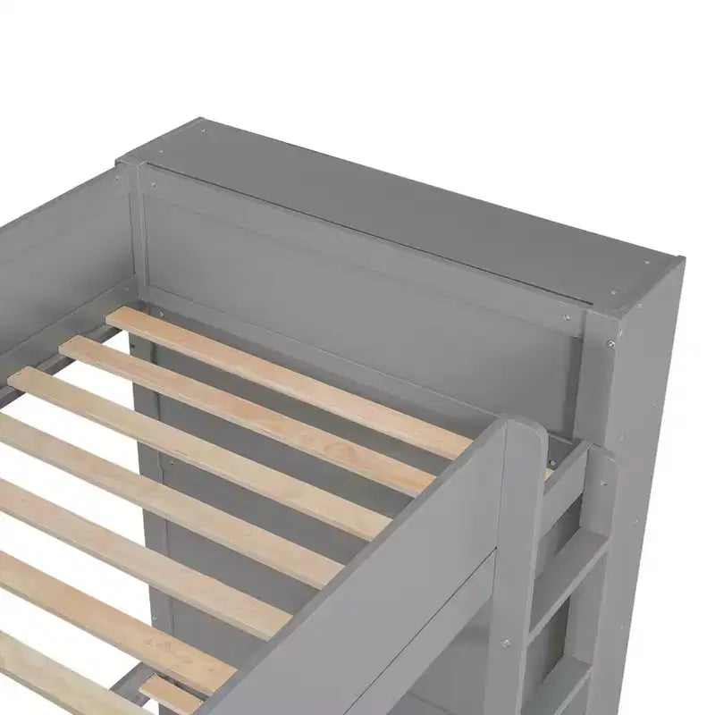 Lit superposé en bois gris/blanc avec 2 tiroirs et armoire – Simple/double, 2 couchages