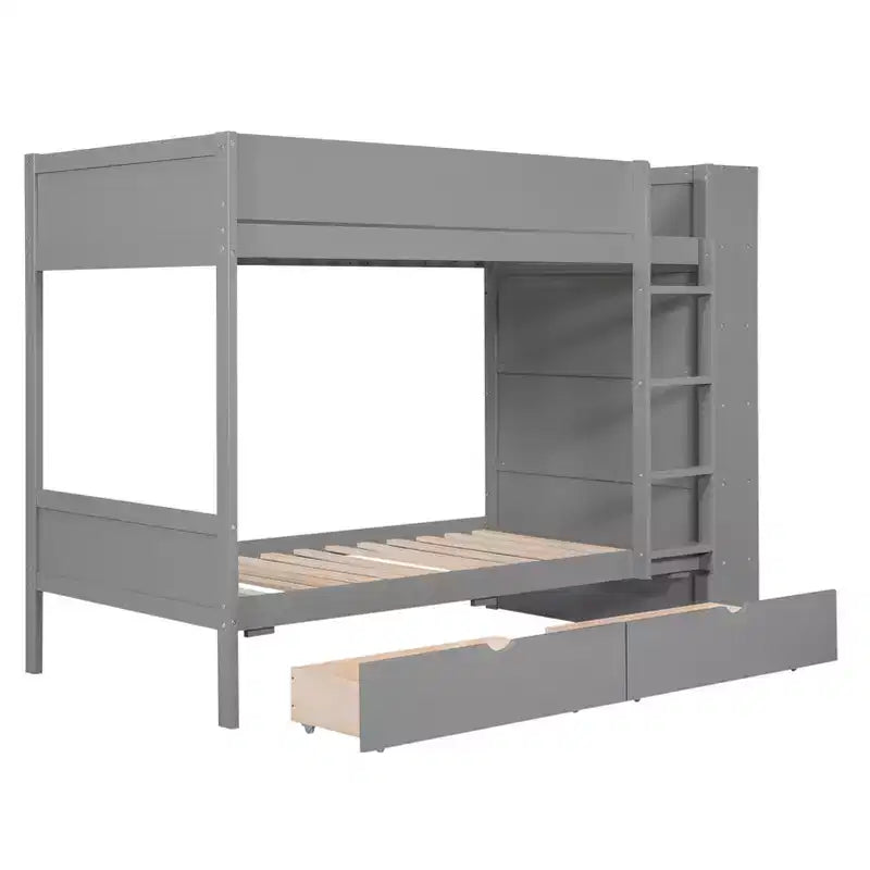 Lit superposé en bois gris/blanc avec 2 tiroirs et armoire – Simple/double, 2 couchages