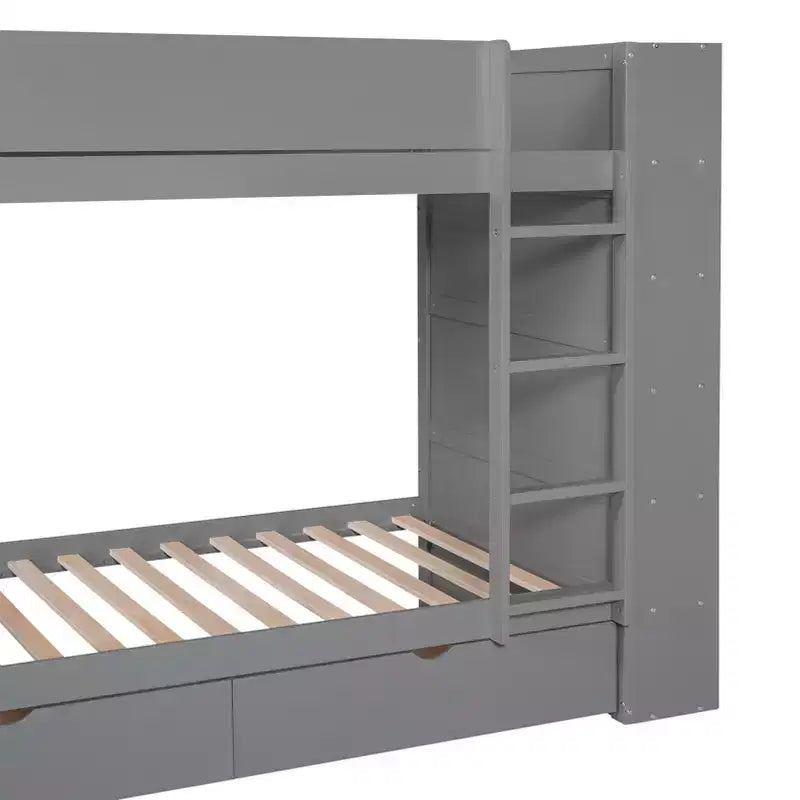 Lit superposé en bois gris/blanc avec 2 tiroirs et armoire – Simple/double, 2 couchages