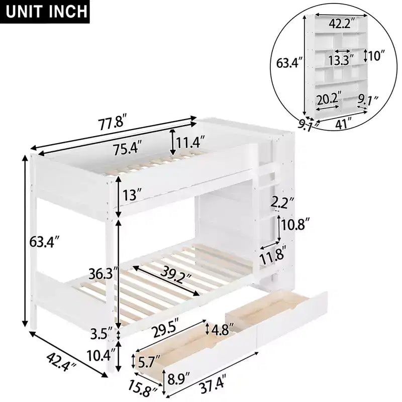 Lit superposé en bois gris/blanc avec 2 tiroirs et armoire – Simple/double, 2 couchages