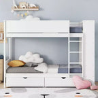 Lit superposé en bois gris/blanc avec 2 tiroirs et armoire – Simple/double, 2 couchages