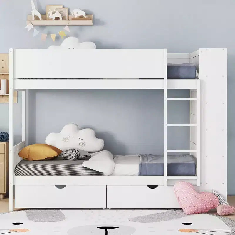 Lit superposé en bois gris/blanc avec 2 tiroirs et armoire – Simple/double, 2 couchages