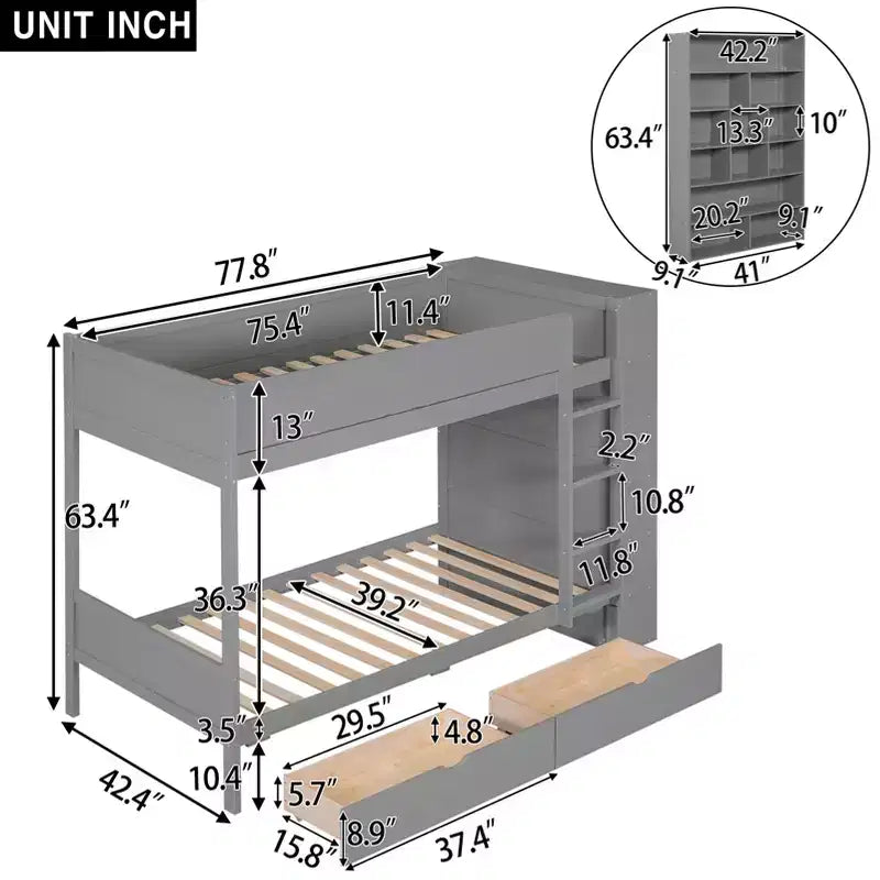 Lit superposé en bois gris/blanc avec 2 tiroirs et armoire – Simple/double, 2 couchages