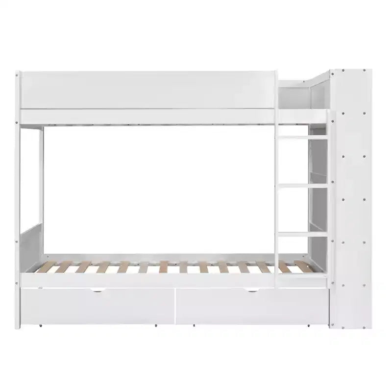 Lit superposé en bois gris/blanc avec 2 tiroirs et armoire – Simple/double, 2 couchages