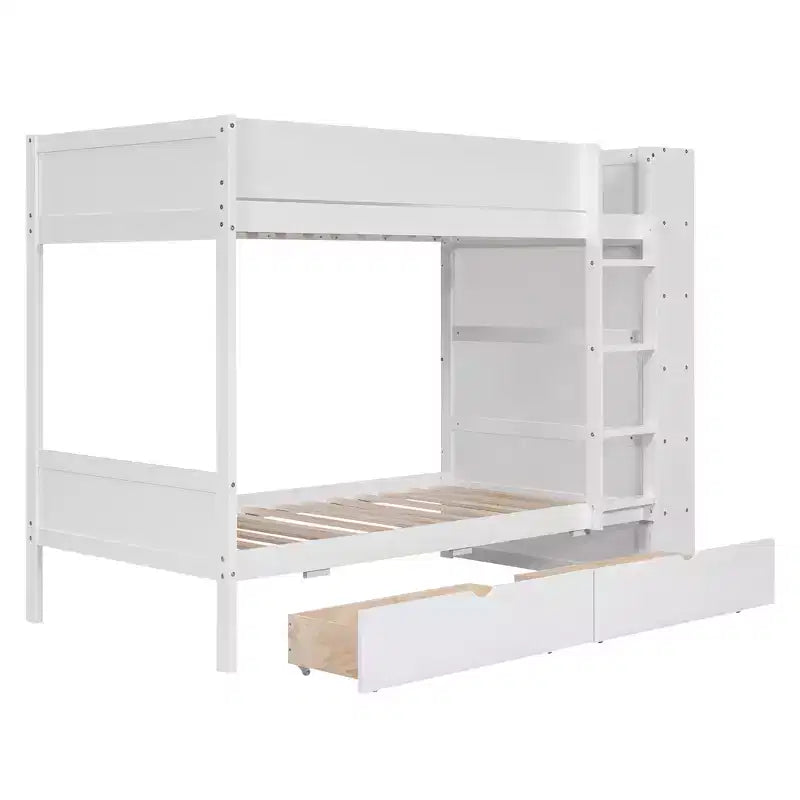 Lit superposé en bois gris/blanc avec 2 tiroirs et armoire – Simple/double, 2 couchages