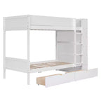 Lit superposé en bois gris/blanc avec 2 tiroirs et armoire – Simple/double, 2 couchages