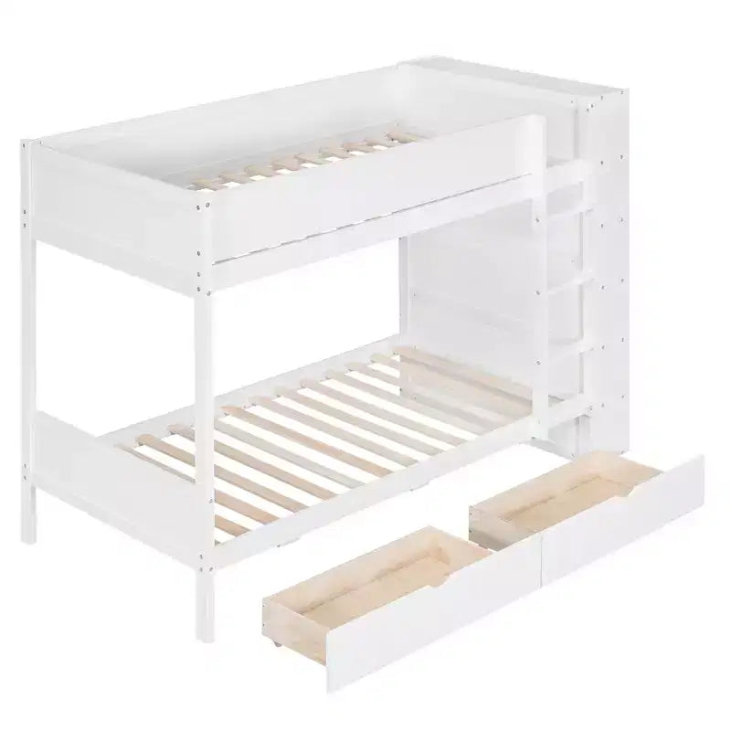 Lit superposé en bois gris/blanc avec 2 tiroirs et armoire – Simple/double, 2 couchages