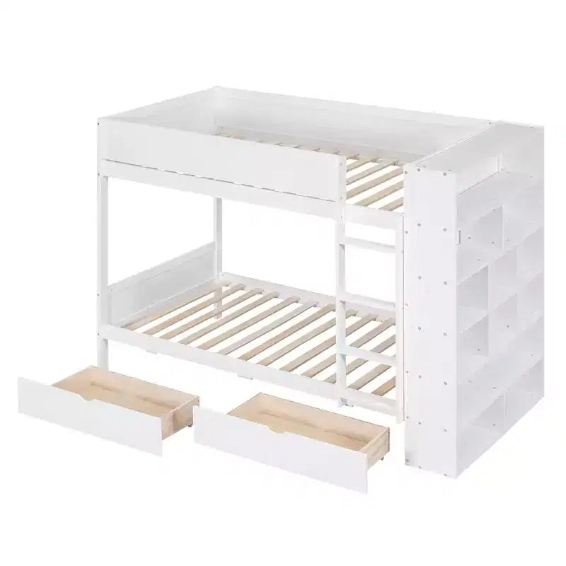 Lit superposé en bois gris/blanc avec 2 tiroirs et armoire – Simple/double, 2 couchages