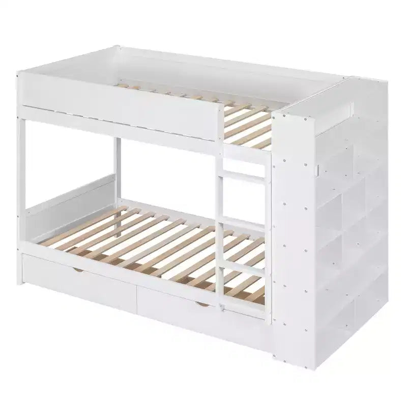 Lit superposé en bois gris/blanc avec 2 tiroirs et armoire – Simple/double, 2 couchages