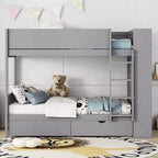 Lit superposé en bois gris/blanc avec 2 tiroirs et armoire – Simple/double, 2 couchages