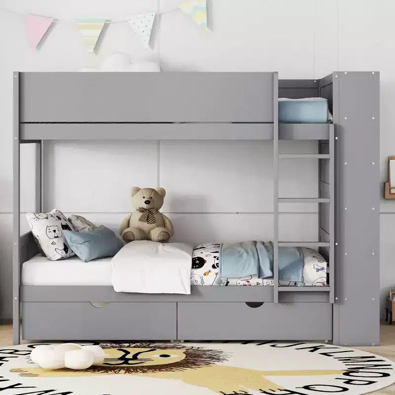 Lit superposé en bois gris/blanc avec 2 tiroirs et armoire – Simple/double, 2 couchages