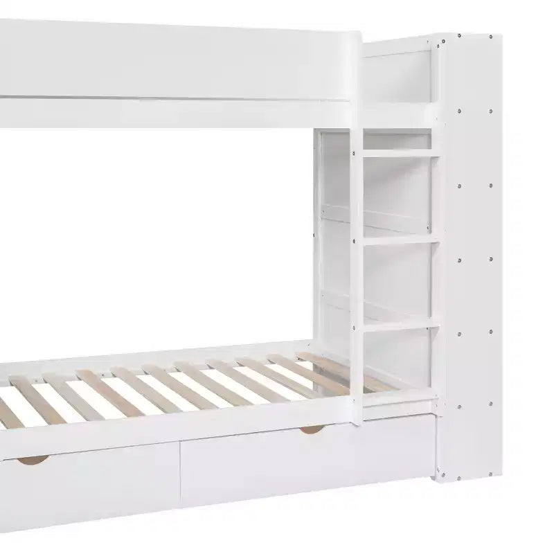 Lit superposé en bois gris/blanc avec 2 tiroirs et armoire – Simple/double, 2 couchages
