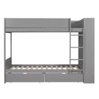 Lit superposé en bois gris/blanc avec 2 tiroirs et armoire – Simple/double, 2 couchages