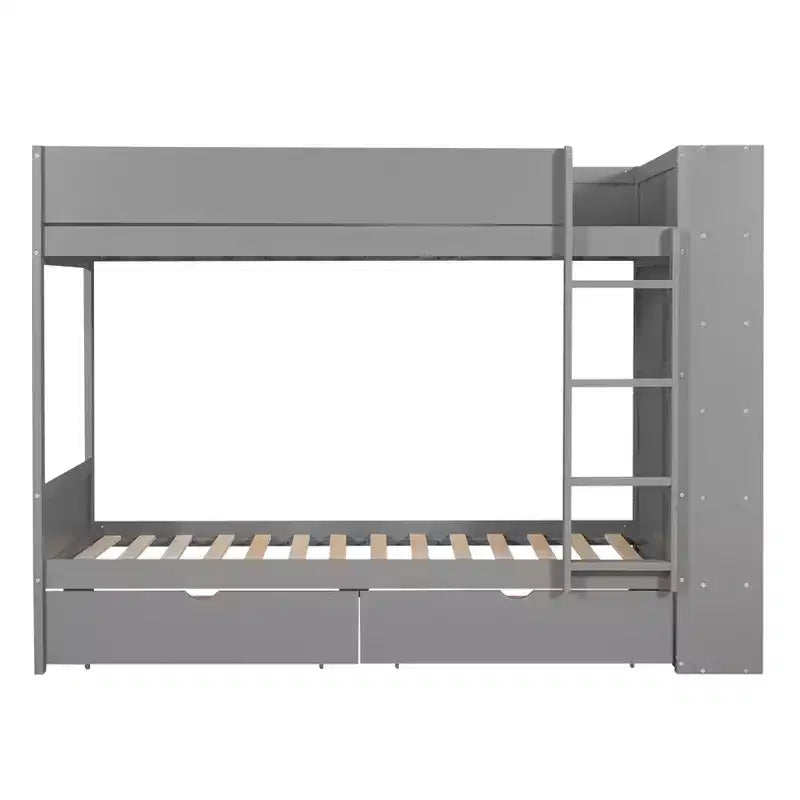 Lit superposé en bois gris/blanc avec 2 tiroirs et armoire – Simple/double, 2 couchages