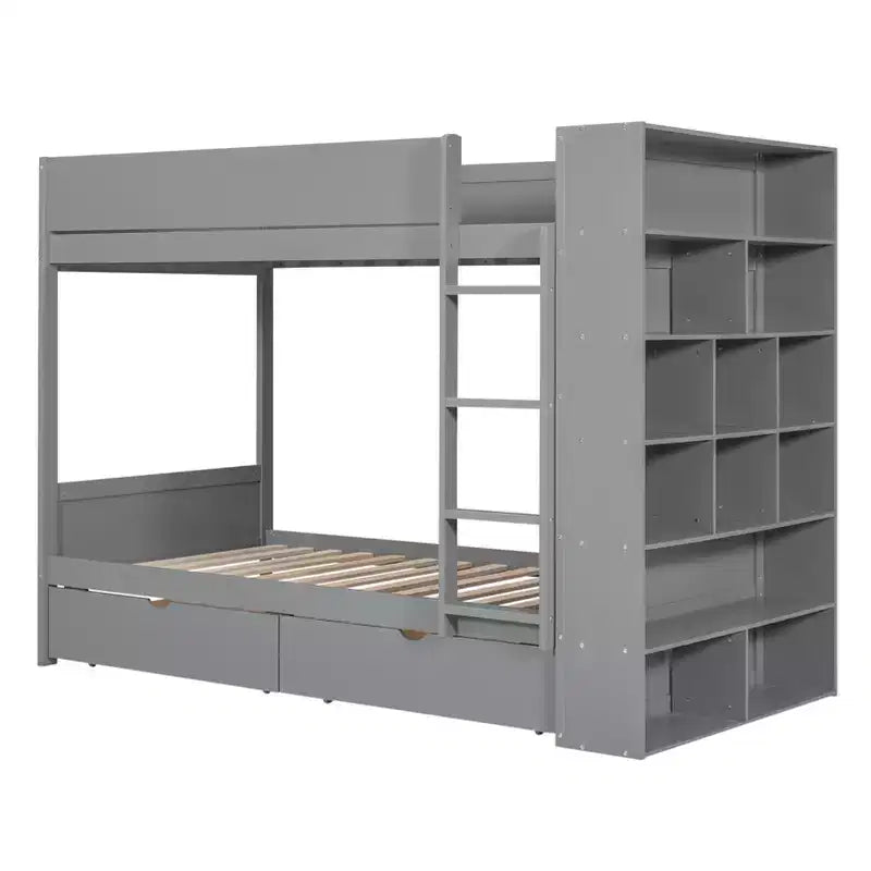 Lit superposé en bois gris/blanc avec 2 tiroirs et armoire – Simple/double, 2 couchages