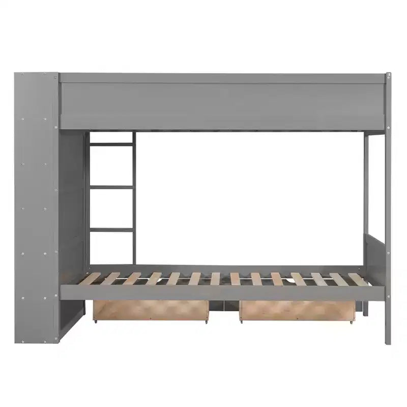 Lit superposé en bois gris/blanc avec 2 tiroirs et armoire – Simple/double, 2 couchages