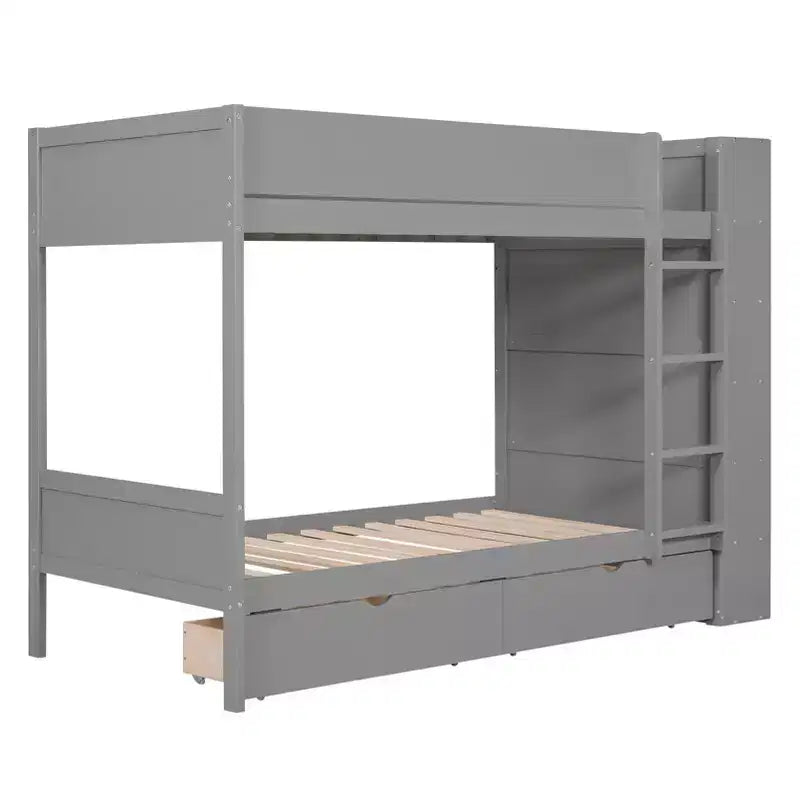 Lit superposé en bois gris/blanc avec 2 tiroirs et armoire – Simple/double, 2 couchages