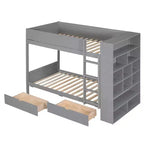 Lit superposé en bois gris/blanc avec 2 tiroirs et armoire – Simple/double, 2 couchages