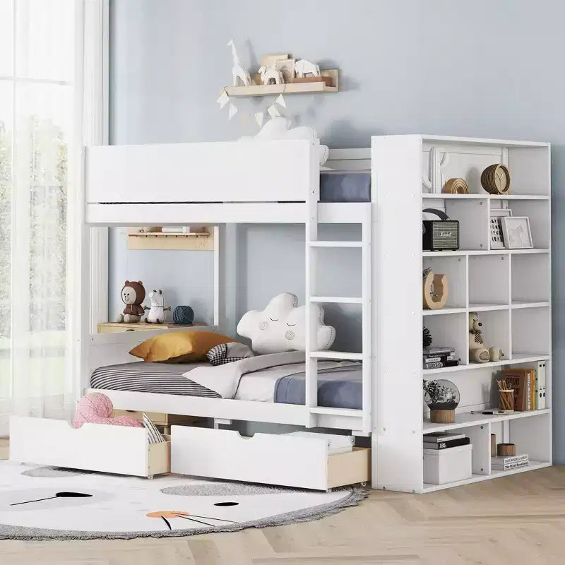 Lit superposé en bois gris/blanc avec 2 tiroirs et armoire – Simple/double, 2 couchages