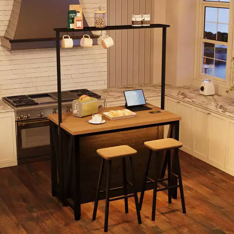 Îlot de cuisine en bois noir avec lumières LED et prises de courant, utilisation par 1 personne