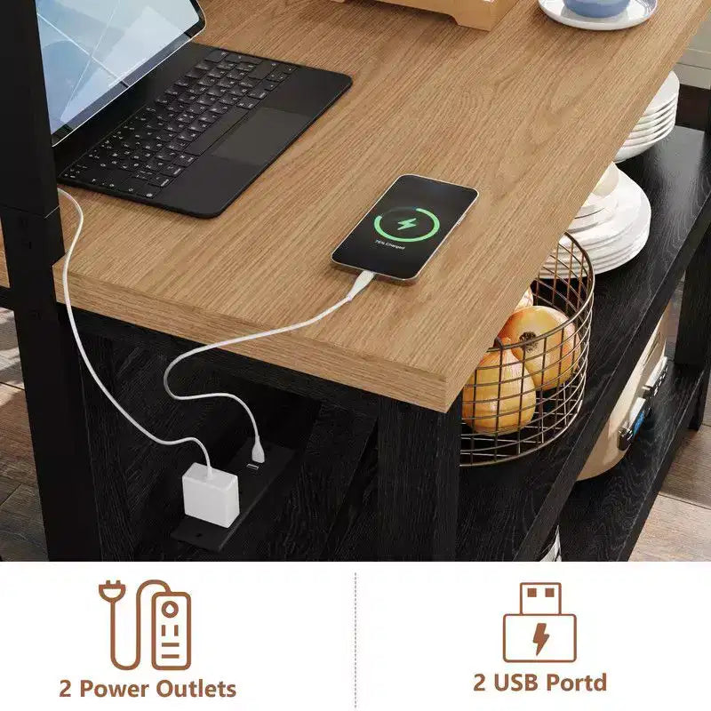 Îlot de cuisine en bois noir avec lumières LED et prises de courant, utilisation par 1 personne