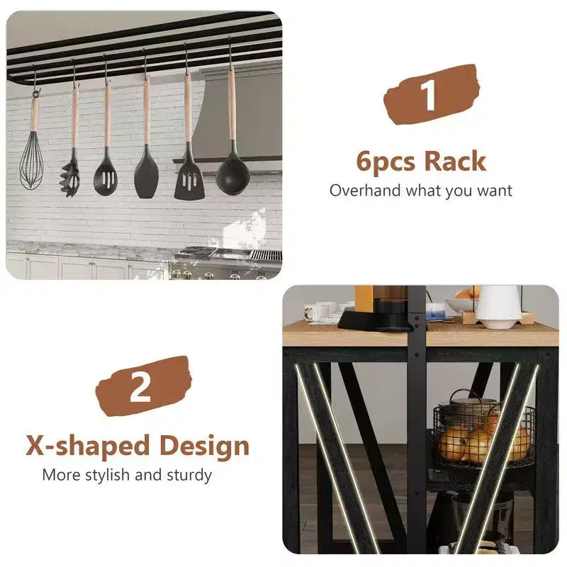 Îlot de cuisine en bois noir avec lumières LED et prises de courant, utilisation par 1 personne