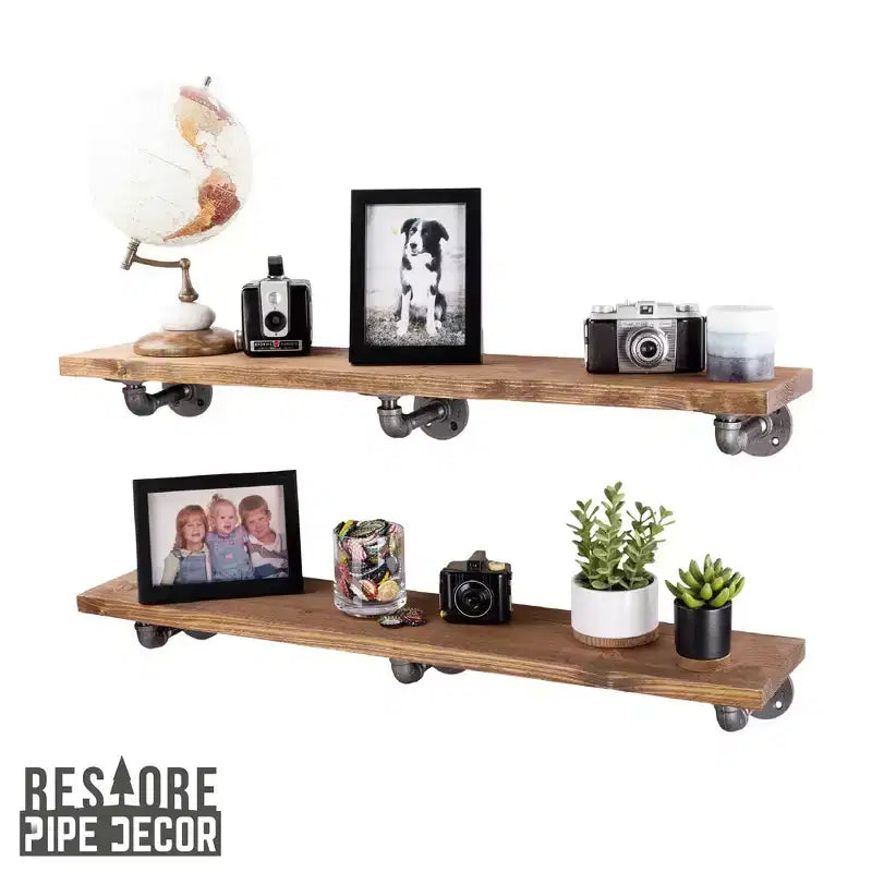 Étagère murale industrielle Autumn Brown avec tuyaux et supports en L, lot de 2 étagères