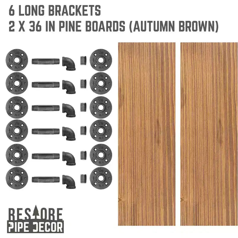 Étagère murale industrielle Autumn Brown avec tuyaux et supports en L, lot de 2 étagères