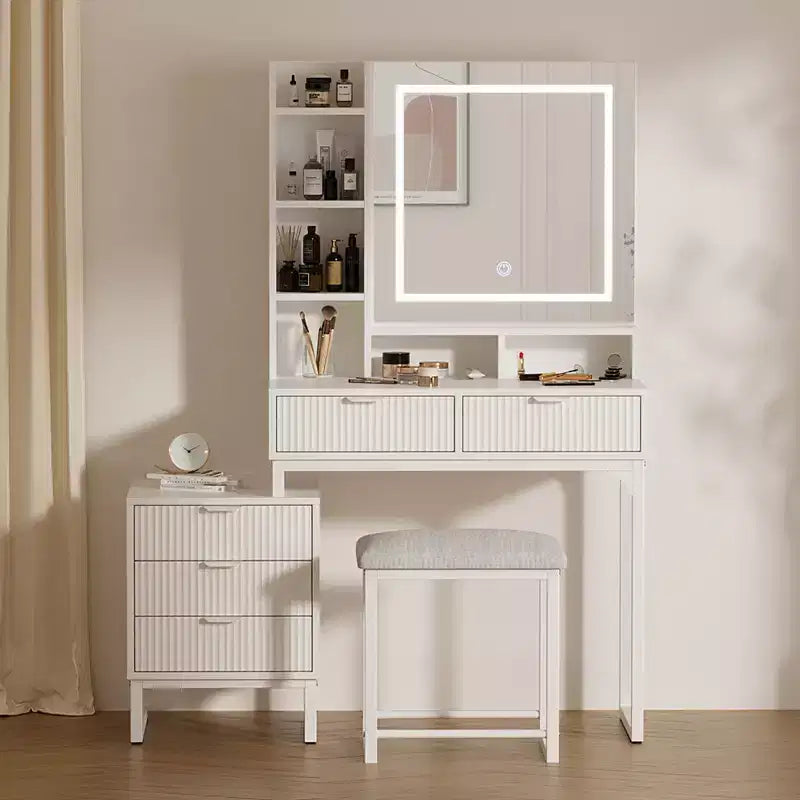 Coiffeuse blanche et dorée avec miroir coulissant lumineux et tabouret rembourré, 1 personne, 5 tiroirs