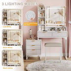 Coiffeuse blanche et dorée avec miroir coulissant lumineux et tabouret rembourré, 1 personne, 5 tiroirs