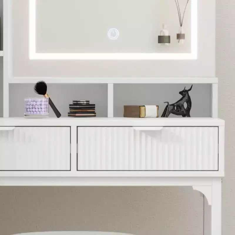 Coiffeuse blanche et dorée avec miroir coulissant lumineux et tabouret rembourré, 1 personne, 5 tiroirs