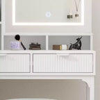 Coiffeuse blanche et dorée avec miroir coulissant lumineux et tabouret rembourré, 1 personne, 5 tiroirs