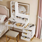 Coiffeuse blanche et dorée avec miroir coulissant lumineux et tabouret rembourré, 1 personne, 5 tiroirs