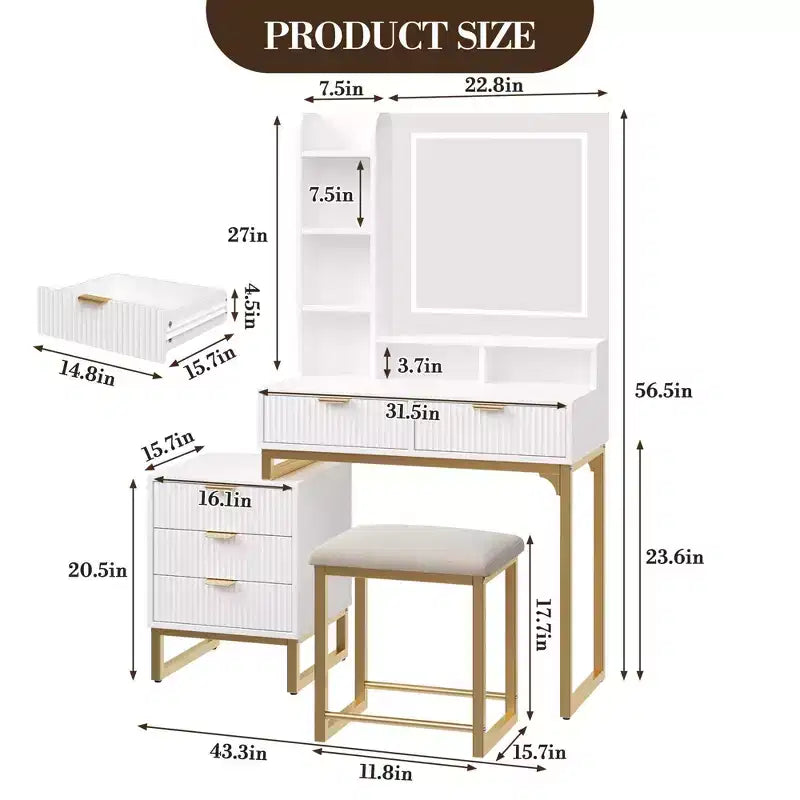Coiffeuse blanche et dorée avec miroir coulissant lumineux et tabouret rembourré, 1 personne, 5 tiroirs