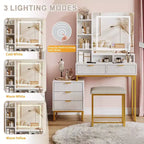Coiffeuse blanche et dorée avec miroir coulissant lumineux et tabouret rembourré, 1 personne, 5 tiroirs