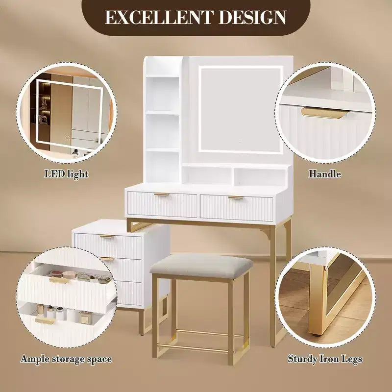 Coiffeuse blanche et dorée avec miroir coulissant lumineux et tabouret rembourré, 1 personne, 5 tiroirs