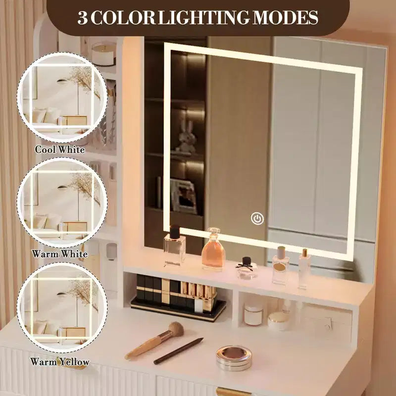 Coiffeuse blanche et dorée avec miroir coulissant lumineux et tabouret rembourré, 1 personne, 5 tiroirs