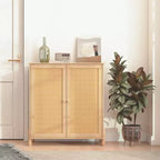 Buffet en bois naturel Mid-Century | Portes en rotin et étagères réglables | Assemblage par 1 personne