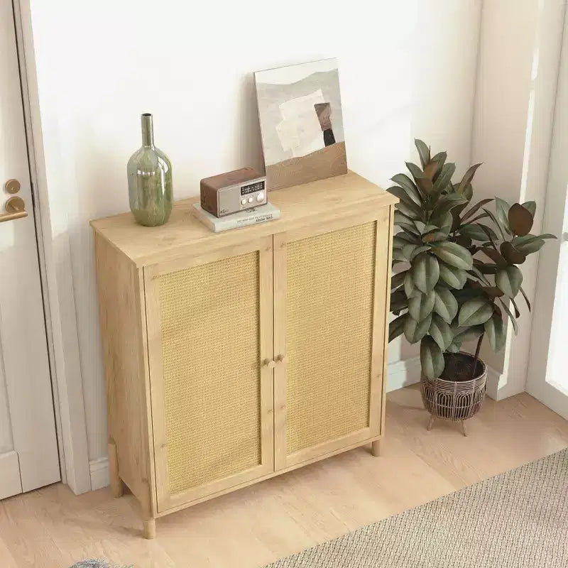 Buffet en bois naturel Mid-Century | Portes en rotin et étagères réglables | Assemblage par 1 personne