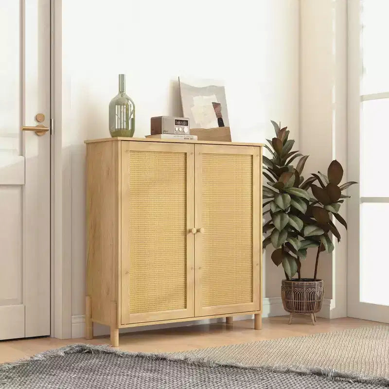 Buffet en bois naturel Mid-Century | Portes en rotin et étagères réglables | Assemblage par 1 personne
