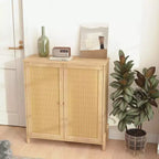 Buffet en bois naturel Mid-Century | Portes en rotin et étagères réglables | Assemblage par 1 personne