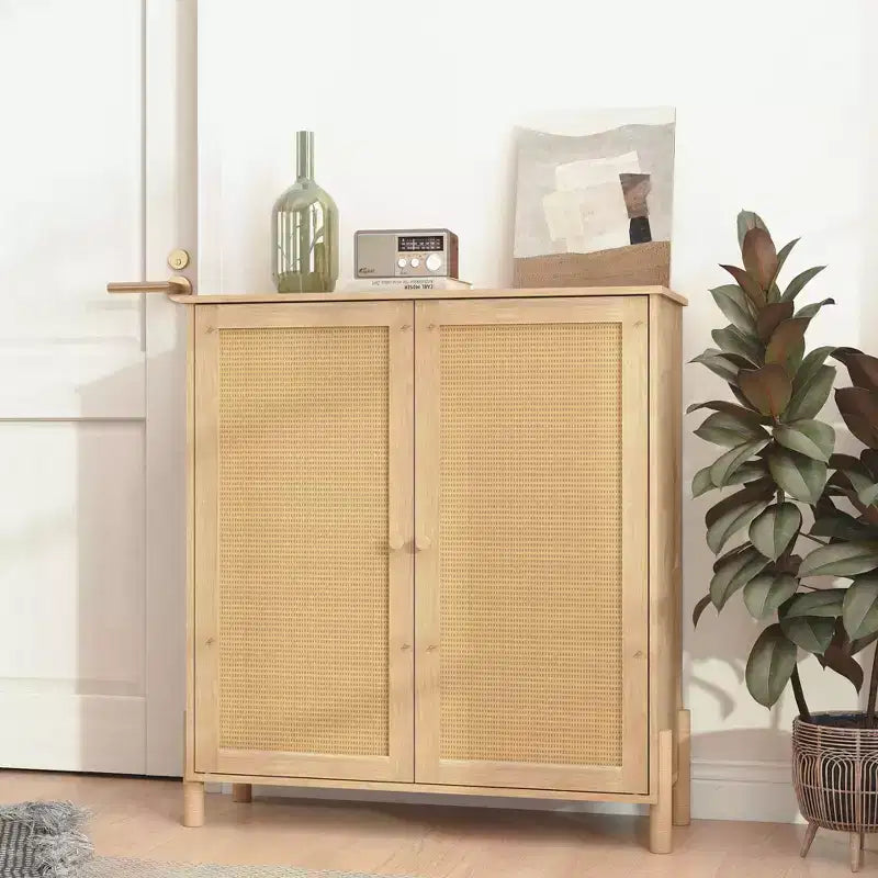 Buffet en bois naturel Mid-Century | Portes en rotin et étagères réglables | Assemblage par 1 personne