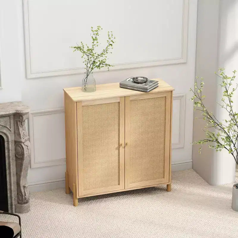 Buffet en bois naturel Mid-Century | Portes en rotin et étagères réglables | Assemblage par 1 personne