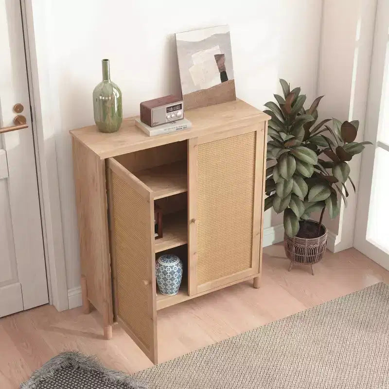 Buffet en bois naturel Mid-Century | Portes en rotin et étagères réglables | Assemblage par 1 personne