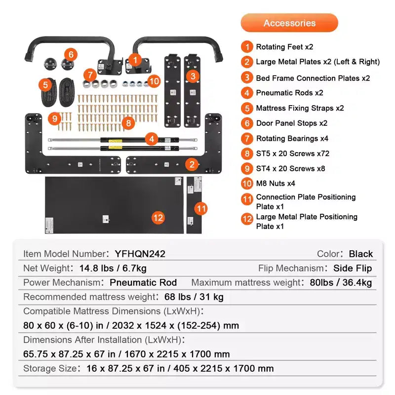 Kit de quincaillerie de lit escamotable « Reine » – Pliage horizontal, 1 matelas
