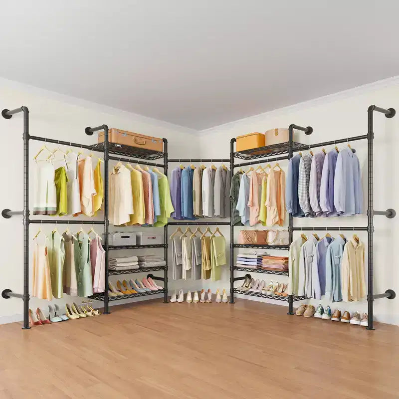 Timate L5 Expandable Wall Mounted Clothes Rack for Corner, L Shape Heavy Duty Industrial Pipe Clothing Rack