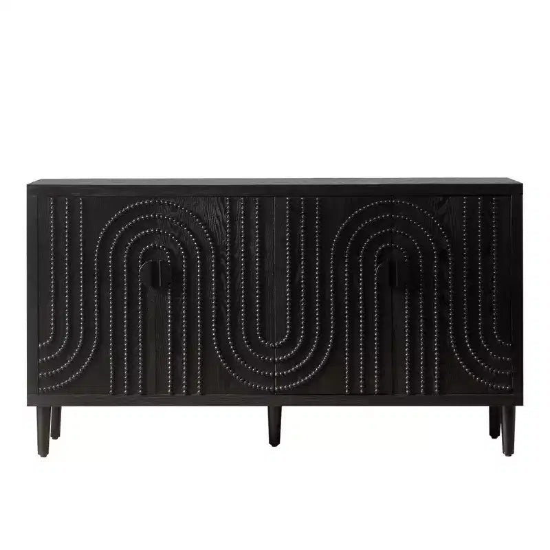Buffet bahut cannelé noir à 4 portes, 150 cm – Assemblage par 1 personne
