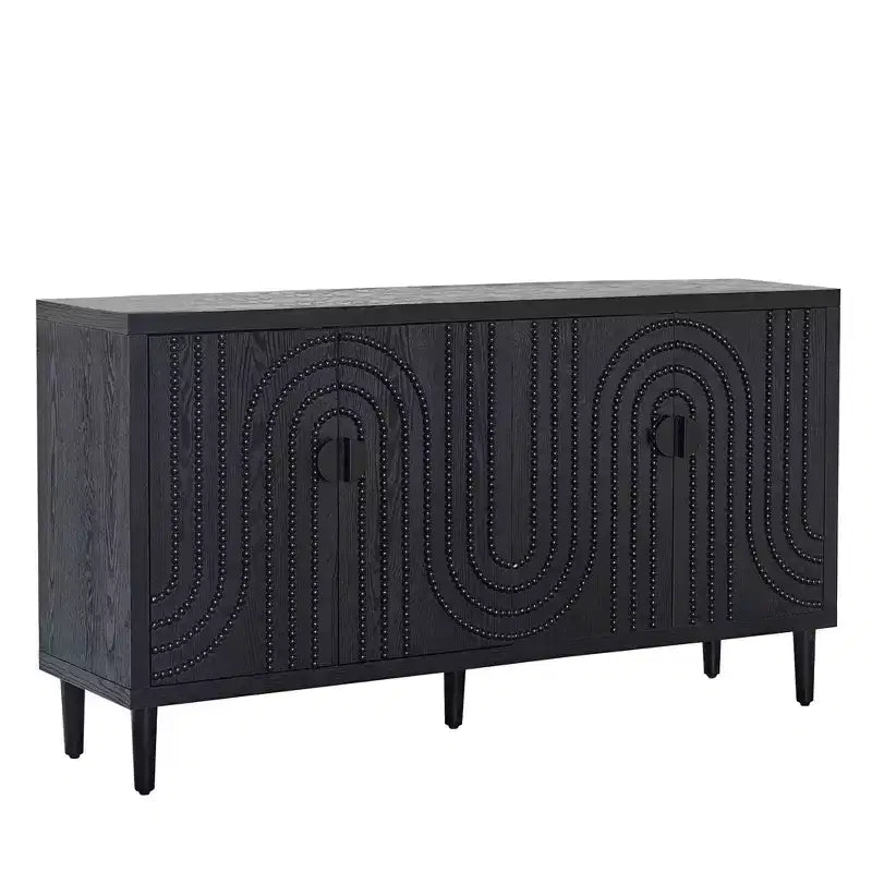 Buffet bahut cannelé noir à 4 portes, 150 cm – Assemblage par 1 personne